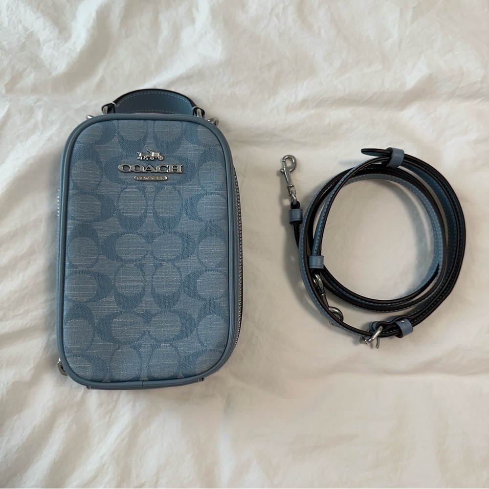 Coach Eva Phone Crossbody in Silver/Cornflower